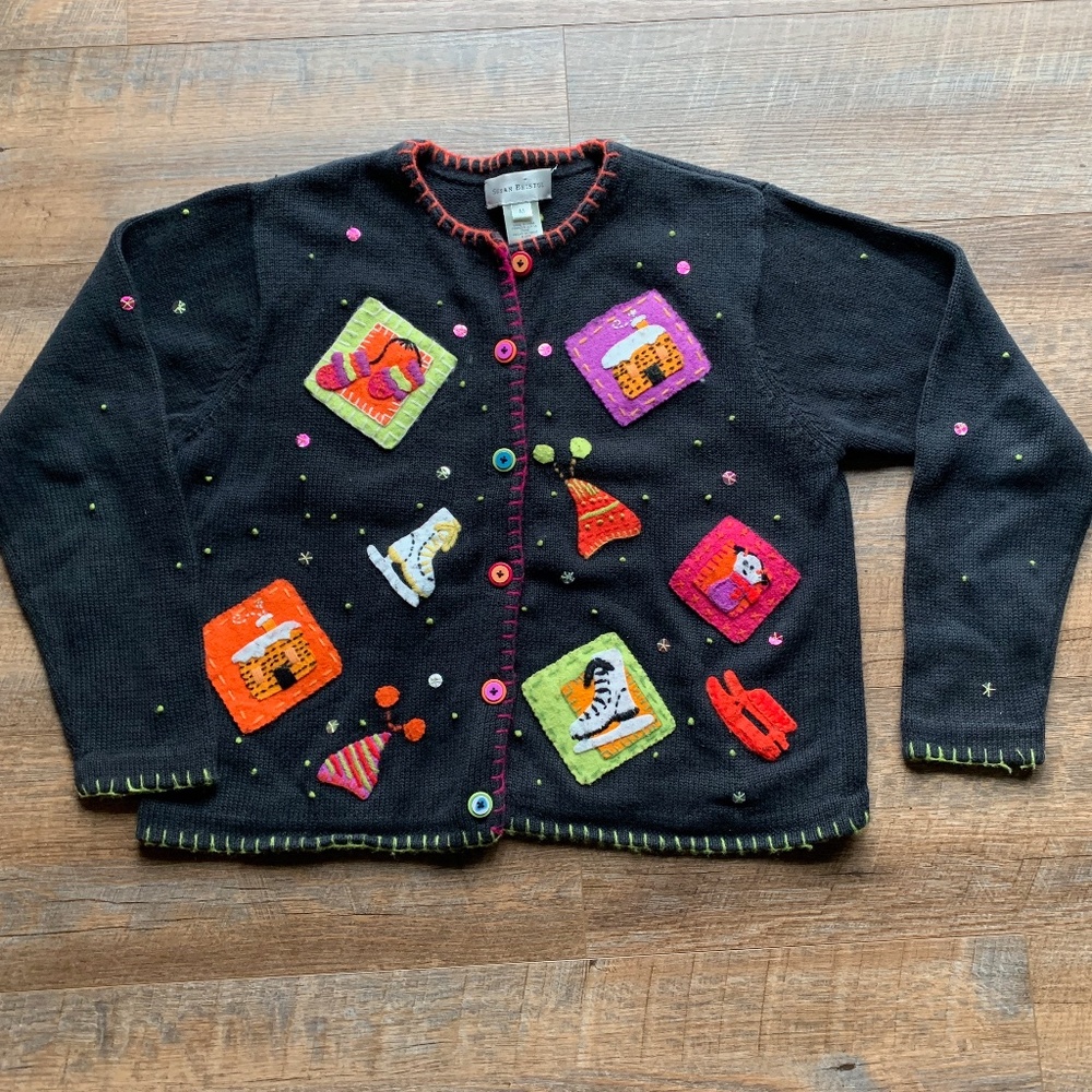 Vintage Y2K Susan Bristol Winter Hand Embroidered Sweater Cardigan Medium